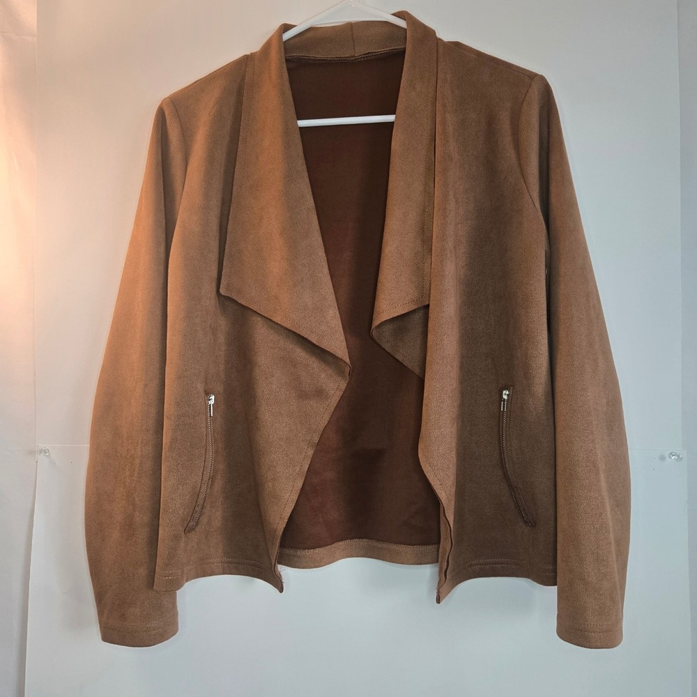SHEIN Women Brown Faux Suede Draped Open Front Waterfall Jacket Size S US 4